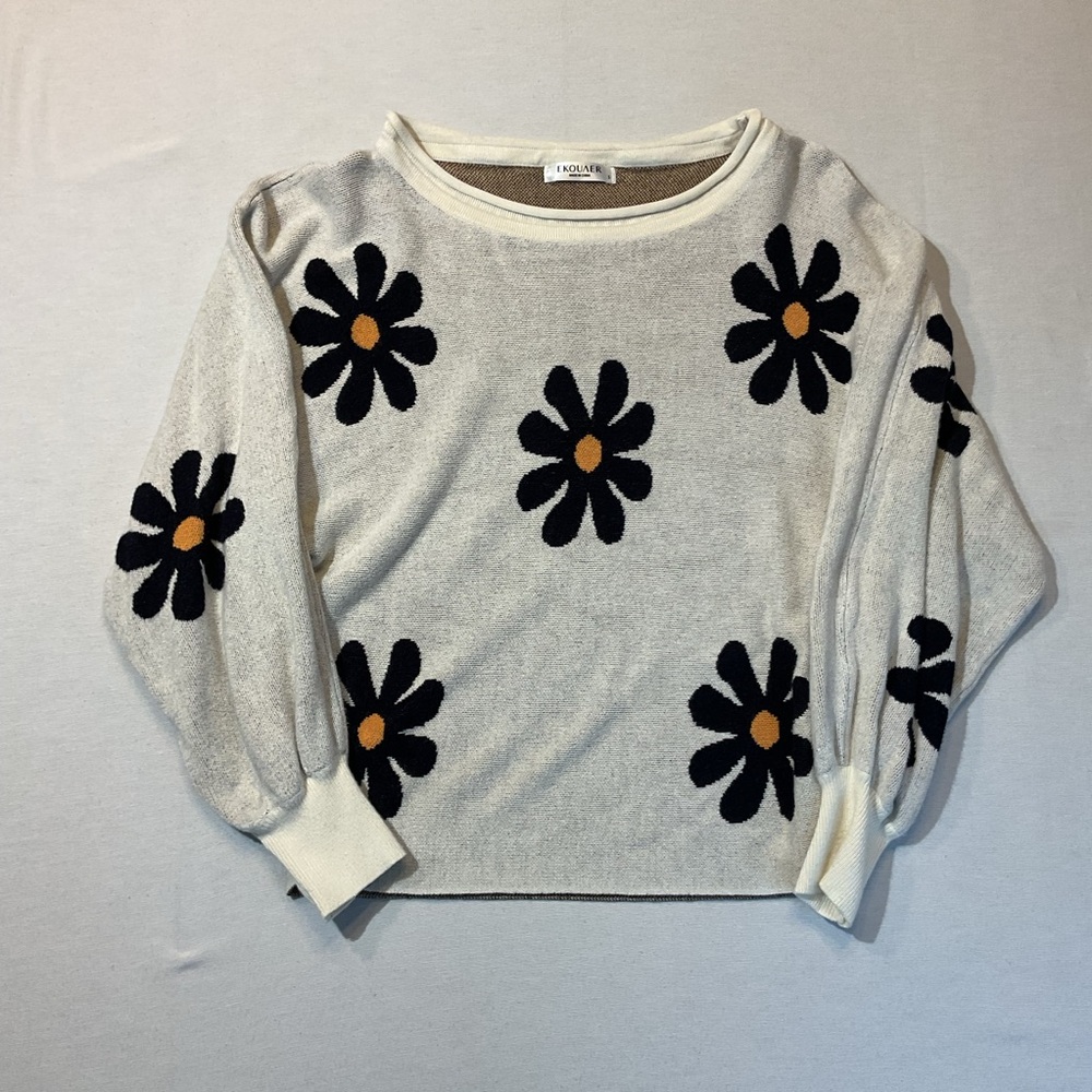 Ekouaer Womens Floral Cream Top Sun Flowers, Size S Short Top Long Sleeve